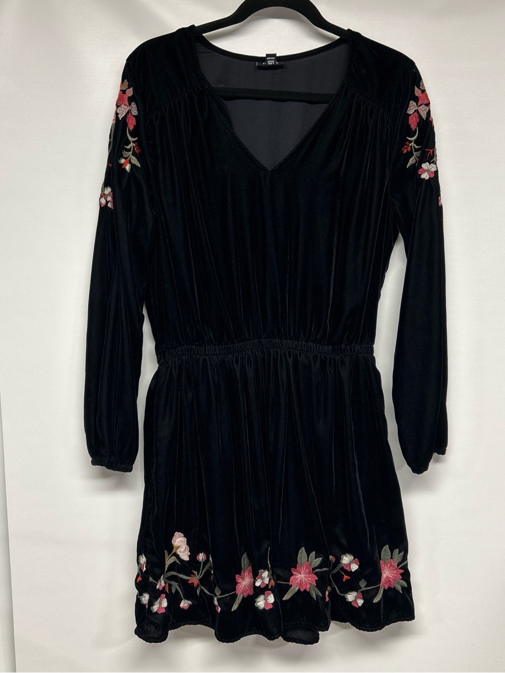 a.n.a Black Velvet Long-Sleeve Dress with Pink Floral Embroidery